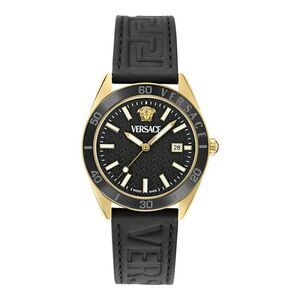 Versace V-Dome Calf Leather Watch Gold Mens